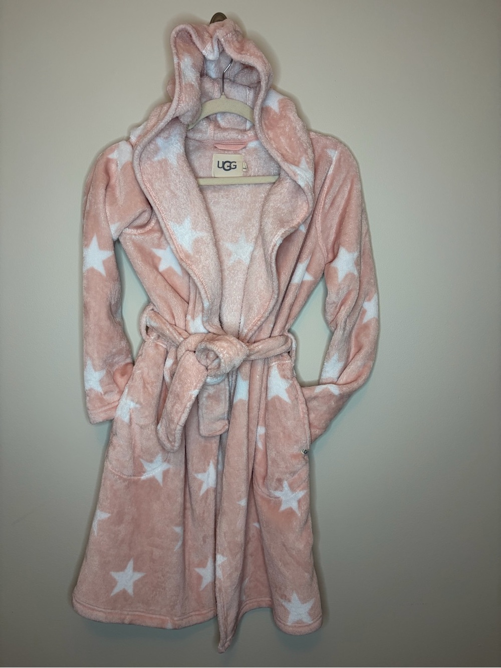 UGG Pink White Star Print Fleece Hooded Belted Plush Robe Small UA5358W